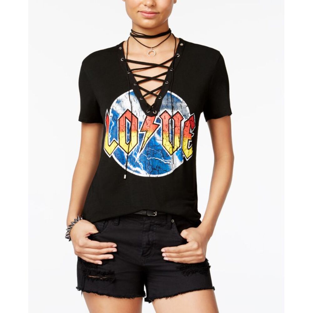 Rebellious One Juniors Love Lace Up Graphic T-Shirt